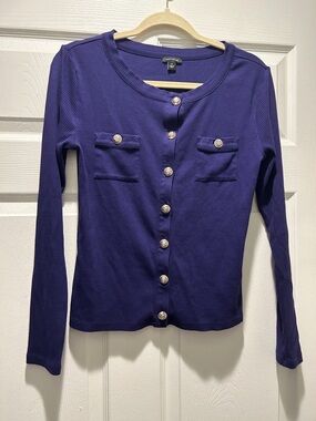 Ann Taylor Purple Ribbed Long Sleeve Button Cardigan